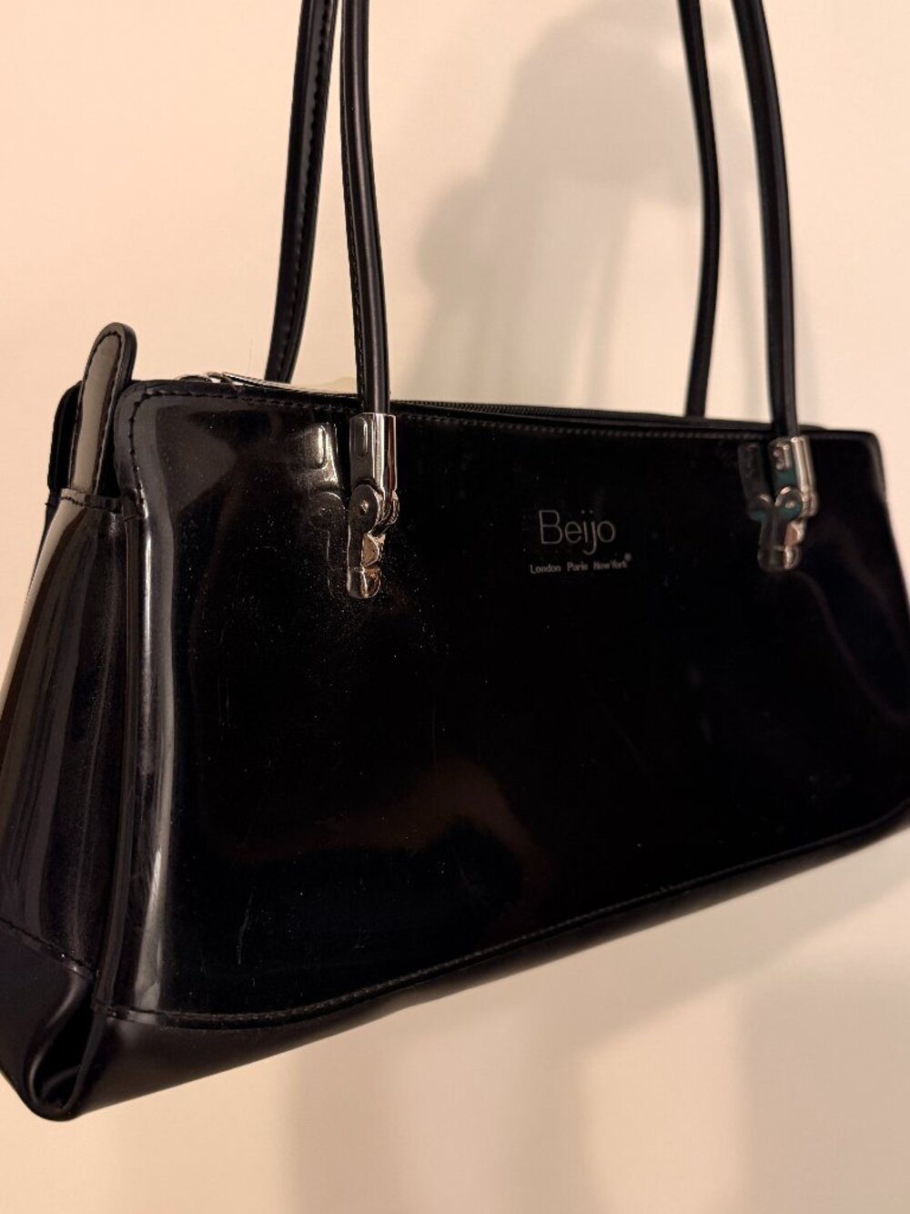 Y2K Beijo Shiny Black Baguette Shoulder Bag, Good/Fair Condition